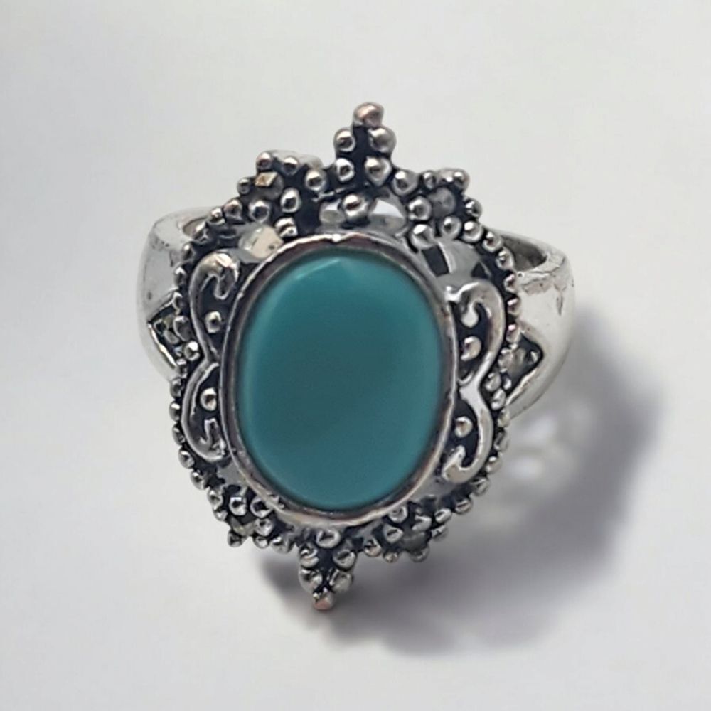 Marsala Silver Tone Turquoise Enamel & Marcasite Ring (6.75)
